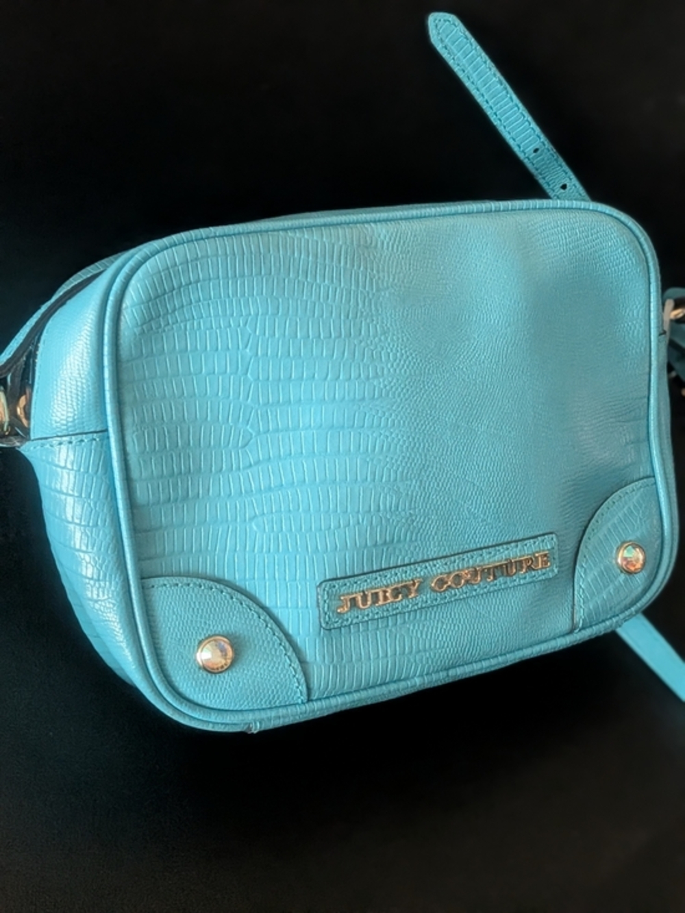 Y2K Juicy Couture Turquoise Real Leather Croc-Embossed Camera Crossbody Bag